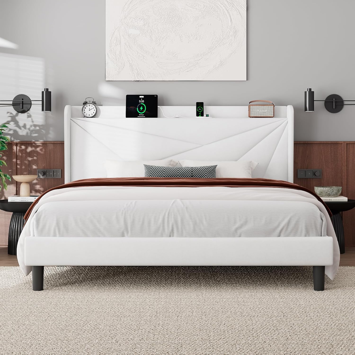 AENKYO King Size Platform Bed with Fast Charging Station, Storage Wingback Headboard, No Box Spring Needed, White