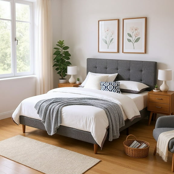 AENKYO King Size Upholstered Platform Bed Frame, Tufted Low Profile Design with Adjustable Headboard, Gray