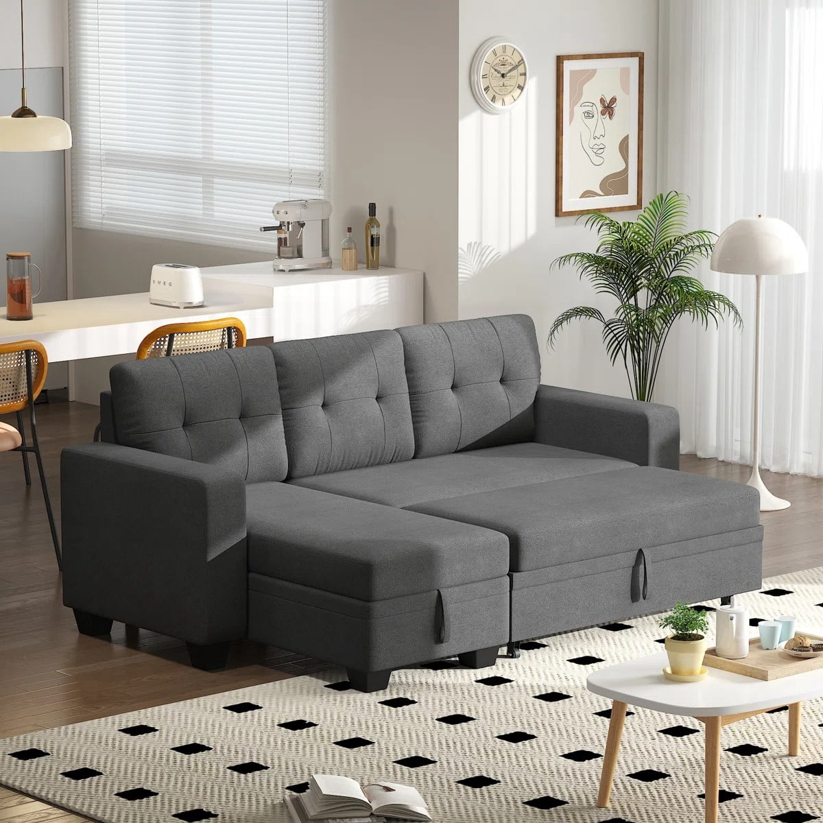 AENKYO L-Shaped Sleeper Sofa, Reversible Sectional Couch with Pull Out Bed and Storage for Living Room, Dark Gray