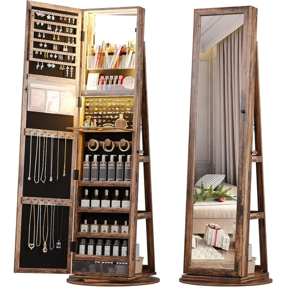 AENKYO LED 360-Degree Rotating Jewelry Armoire with Full-Length Mirror - Lockable Jewelry Cabinet Organizer with 63-Inch Storage Shelves - Brown