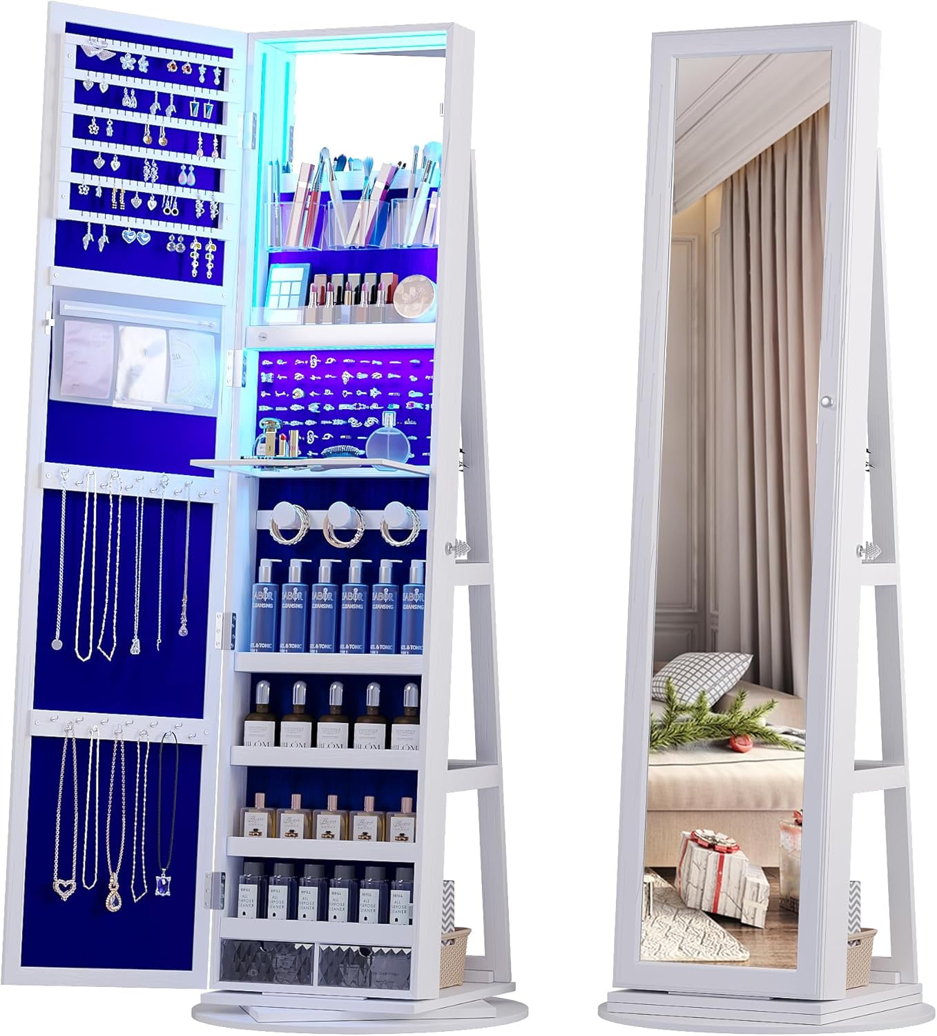 AENKYO LED 360-Degree Rotating Jewelry Armoire with Full-Length Mirror - Lockable Jewelry Cabinet Organizer with 63-Inch Storage Shelves - White