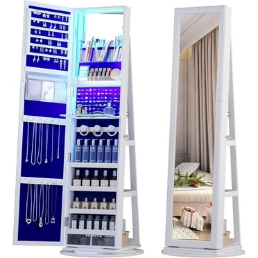 AENKYO LED 360-Degree Rotating Jewelry Armoire with Full-Length Mirror - Lockable Jewelry Cabinet Organizer with 63-Inch Storage Shelves - White