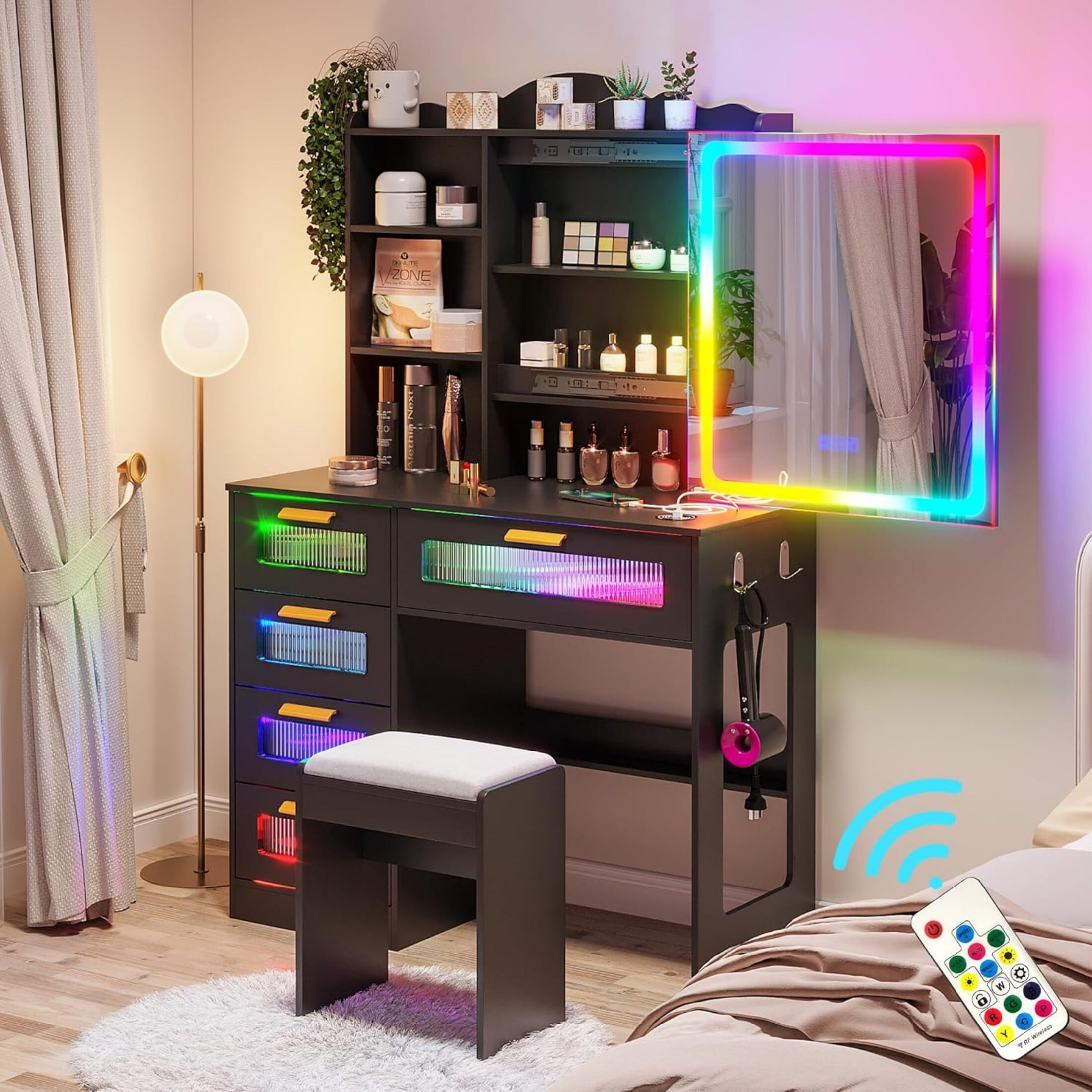 AENKYO LED Lights Vanity Table with Sliding Mirror, Makeup Desk with ...
