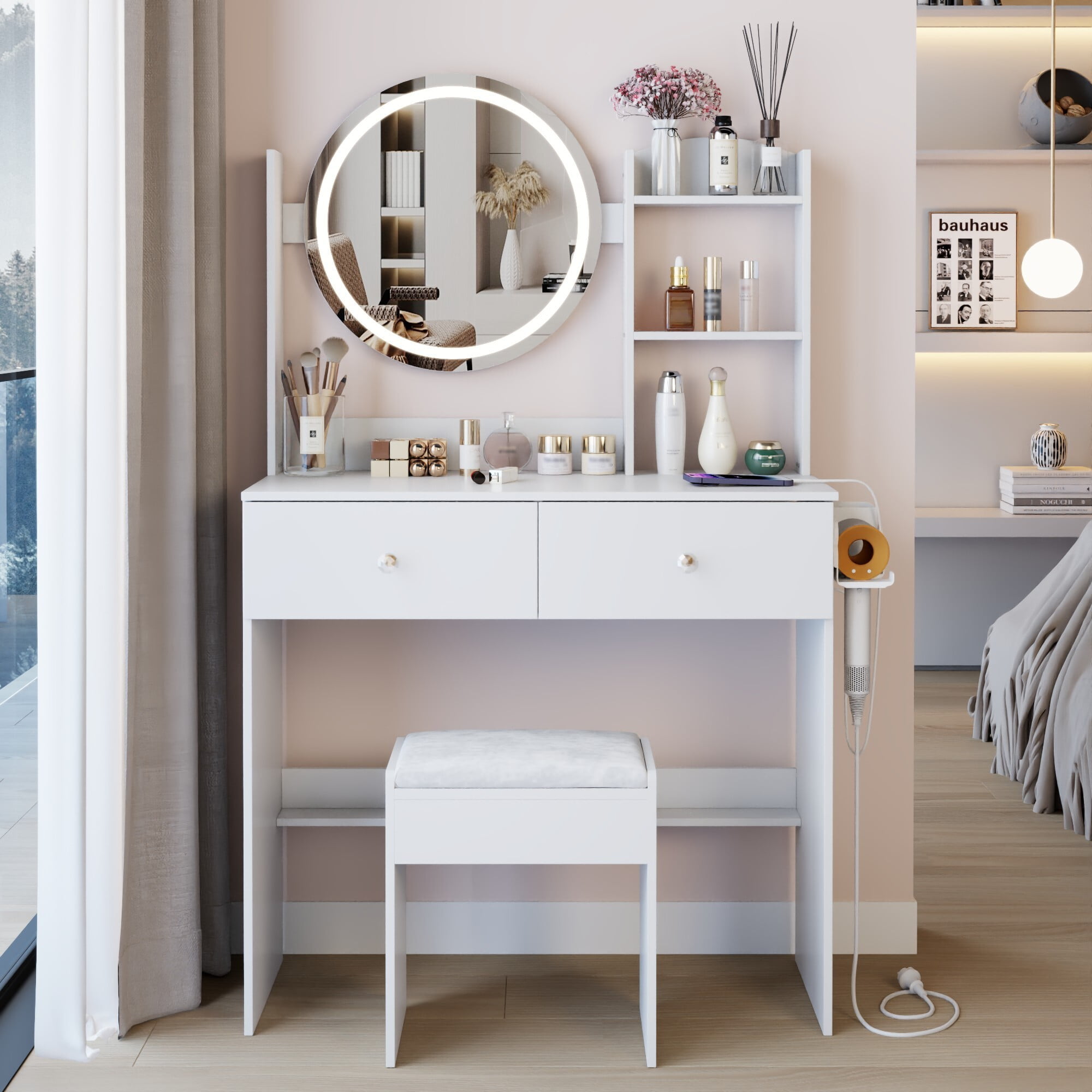 AENKYO LED Vanity Table Set with Lighted Mirror, Charging Station, 2 Drawers, Shelves & Upholstered Stool, White