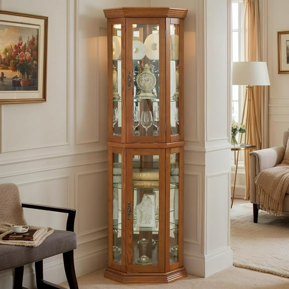 AENKYO Lighted Corner Curio Cabinet, Vintage Glass Display Cabinet with Adjustable Glass Shelves, Antique Oak