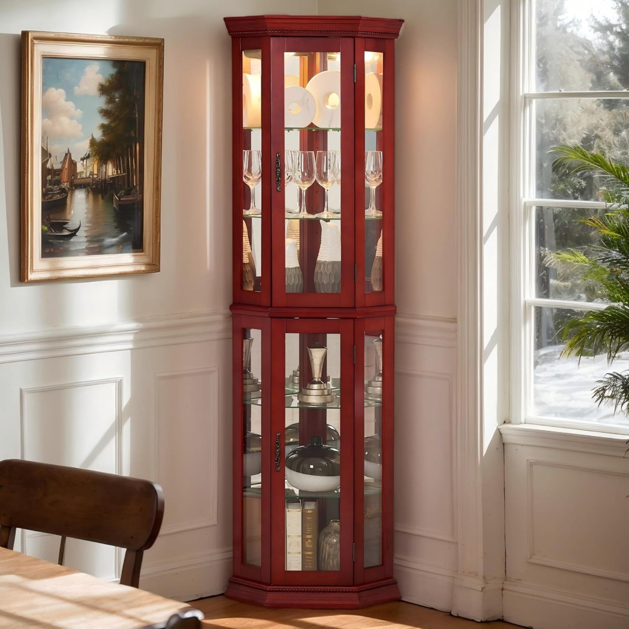 AENKYO Lighted Corner Curio Cabinet, Vintage Glass Display Cabinet with Adjustable Glass Shelves, Cherry