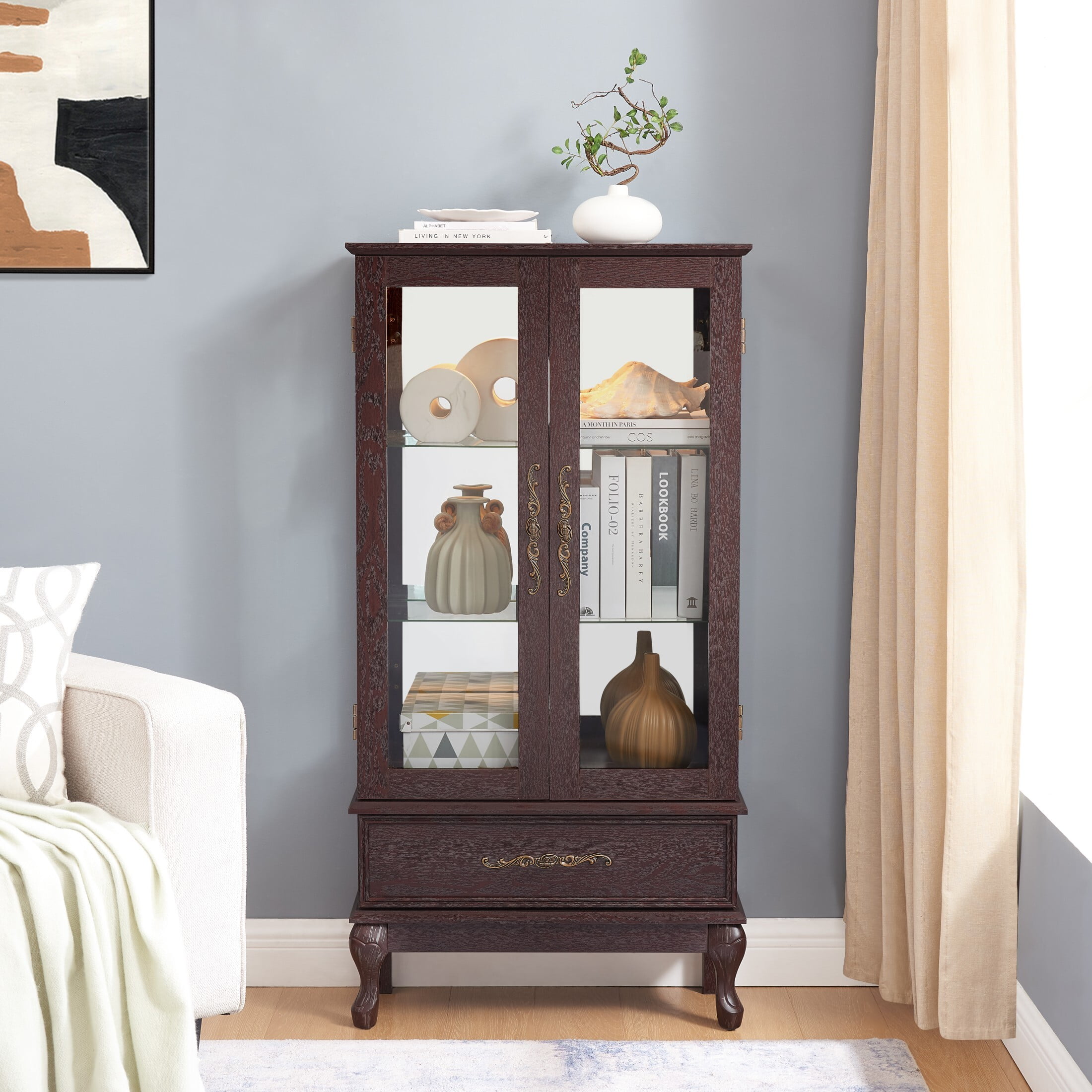 AENKYO Lighted Glass Display Cabinet, Stylish Glass Curio Cabinet with Adjustable Glass Shelves, Black Cherry