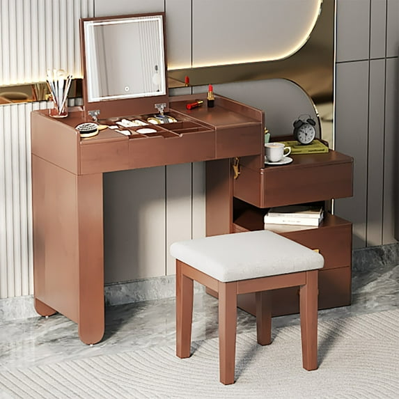 AENKYO Makeup Vanity Desk with LED Lights, Flip Mirror & Stool, 3-in-1 Dressing Table with Adjustable Cabinet, Walnut
