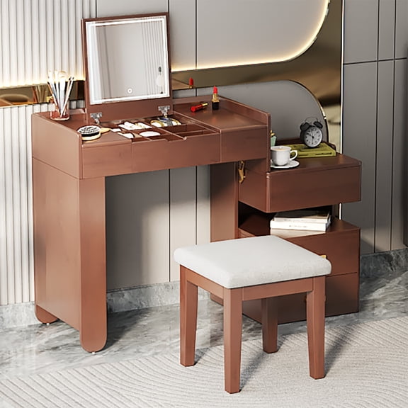 AENKYO Makeup Vanity Desk with LED Lights, Flip Mirror & Stool, 3-in-1 Dressing Table with Adjustable Cabinet, Walnut