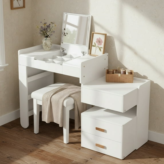 AENKYO Makeup Vanity Desk with LED Lights, Flip Mirror & Stool, 3-in-1 Dressing Table with Adjustable Cabinet, White