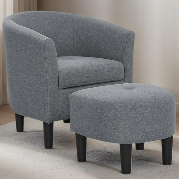 AENKYO Mid-Century Modern Accent Chair with Ottoman - Barrel Armchair & Footrest Set, Comfy Ergonomic Design for Living Room, Bedroom, Home Office - Grey