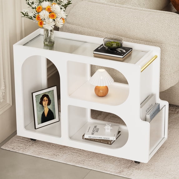 AENKYO Mobile End Table with Lockable Wheels, Narrow Coffee Table with 5mm Thick Fluted Tempered Glass, Modern Nightstand with Golden Round Rod for Living Room,White