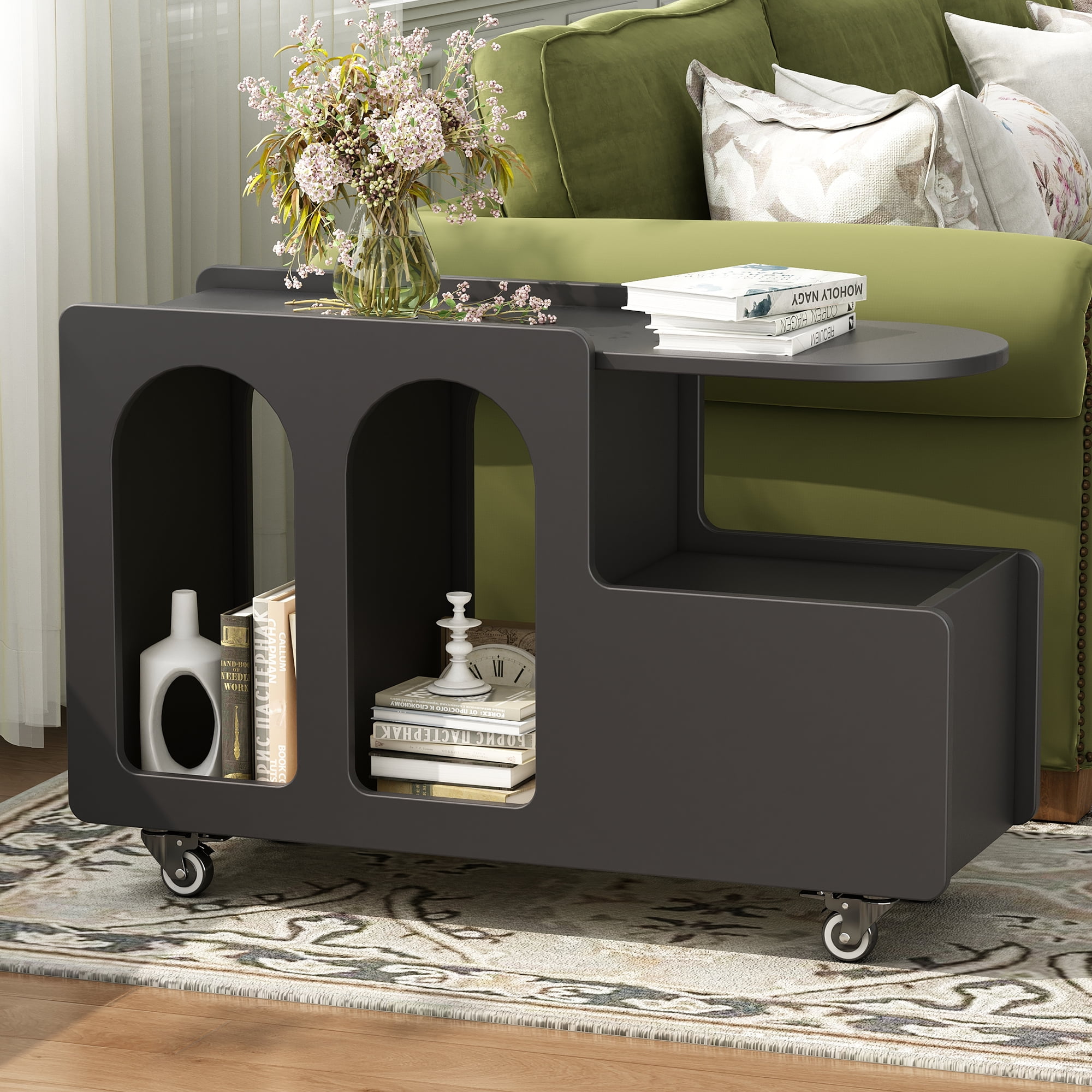 AENKYO Mobile End Table with lockable wheels, Cream Style Side Table with Storage Drawer, 11.8inch Narrow Nightstand with Multi-layer Storage for Living Room,Black