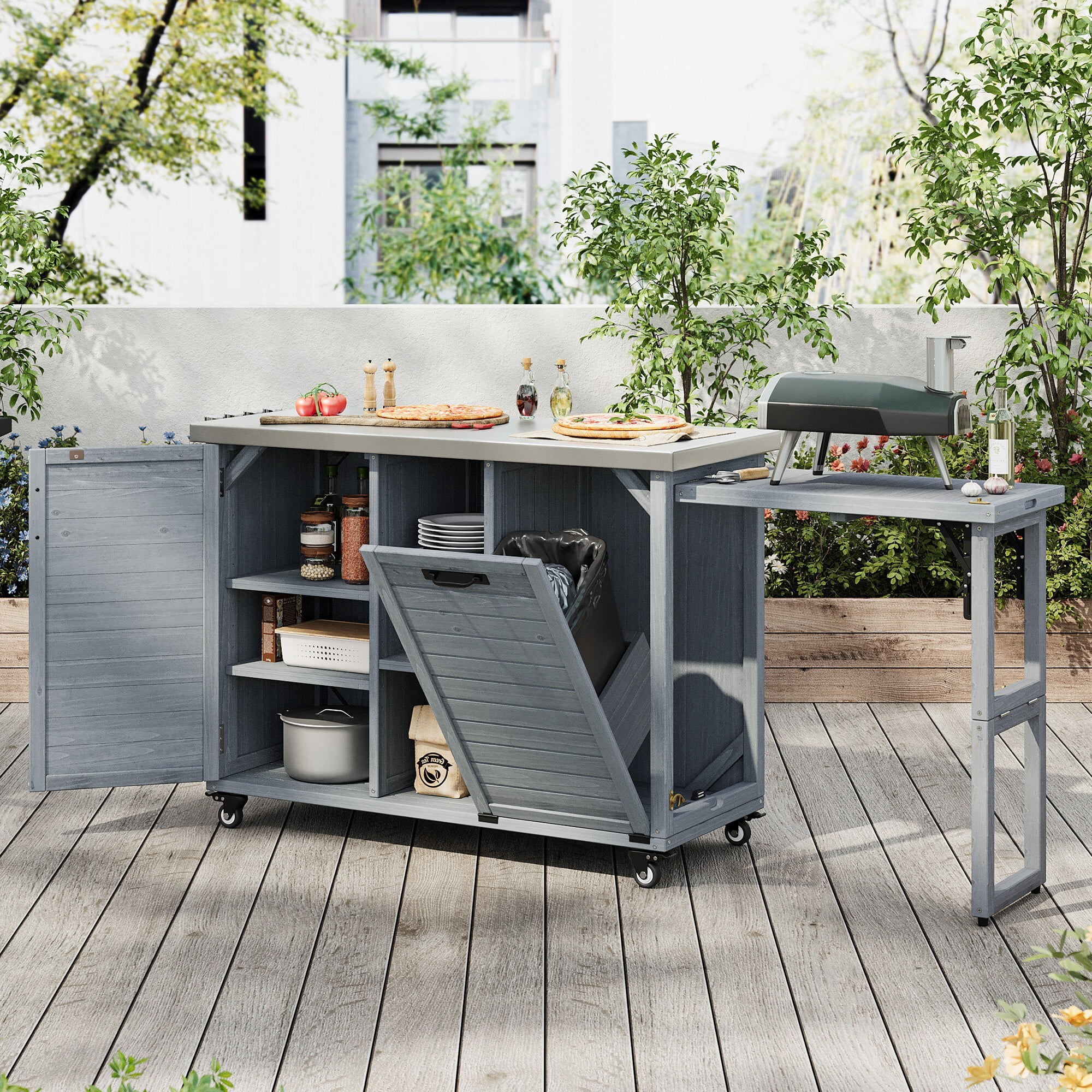 AENKYO Mobile Outdoor Kitchen Island with Stainless Steel Top & Trash Can, Foldable BBQ Prep Cart for Grilling, Gray Blue
