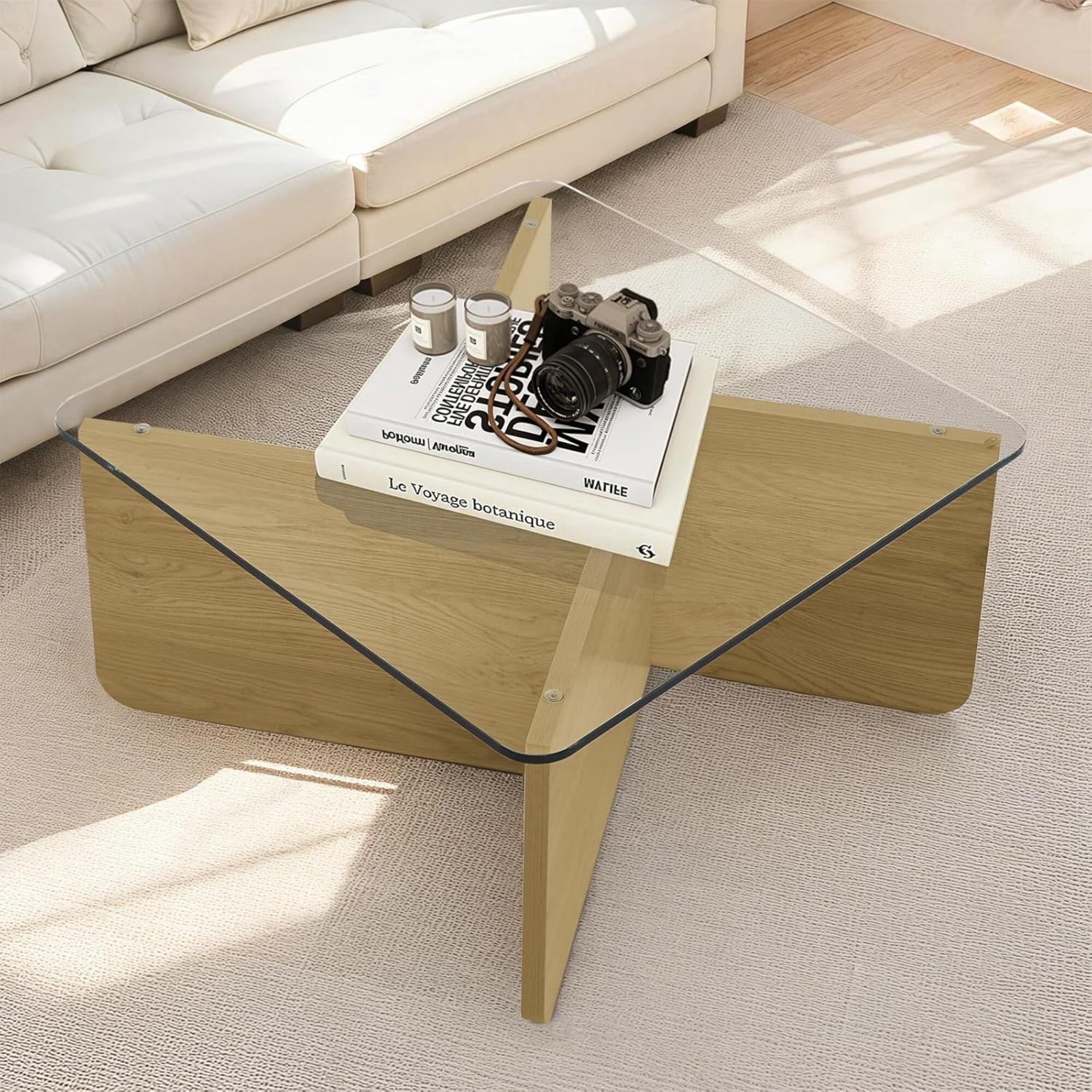 AENKYO Modern 31.5" Square Glass Coffee Table with Tempered Glass Top and Wooden X-Frame Base, Natural Color