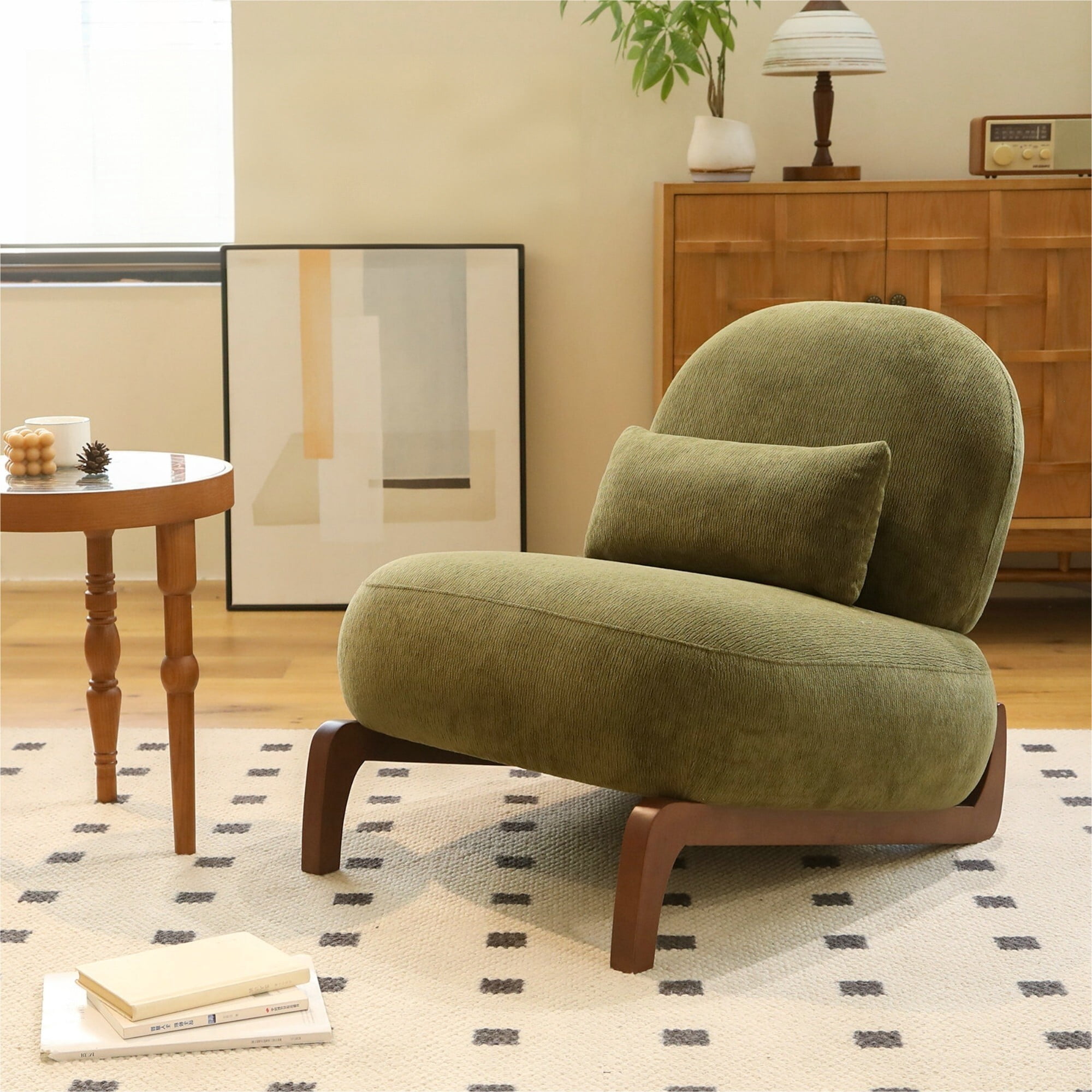 AENKYO Modern Armless Accent Chair, Velvet Upholstery, Solid Wood Legs, for Living Room Bedroom, Green