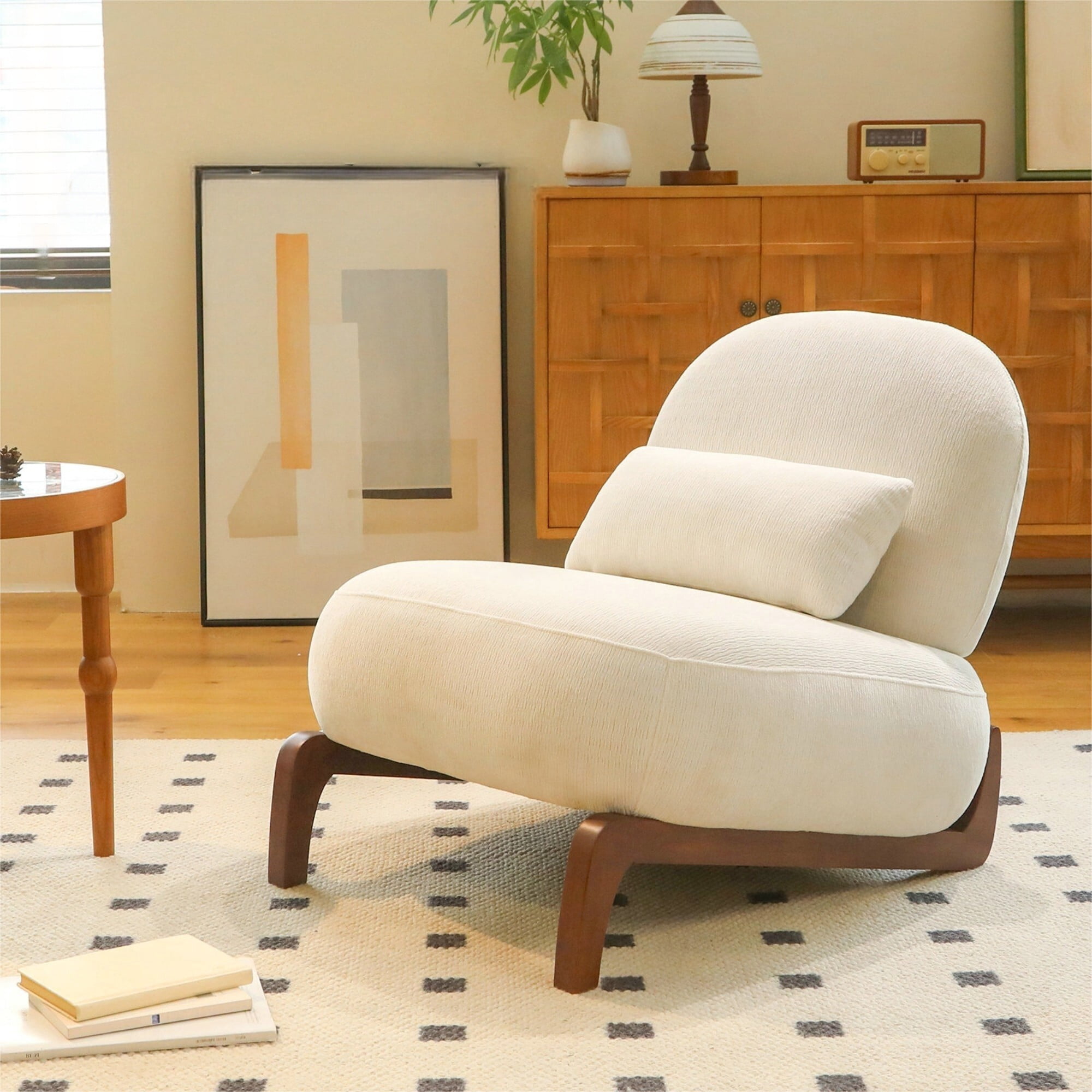 AENKYO Modern Armless Accent Chair, Velvet Upholstery, Solid Wood Legs, for Living Room Bedroom, White