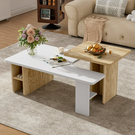 AENKYO Modern Nesting Coffee Table Set, 2-Piece Wood Grain End Tables with Open Shelves for Living Room, White