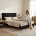 thumbnail image 1 of AENKYO Modern Platform Bed Frame with Upholstered Headboard, Full Size,Black, 1 of 8