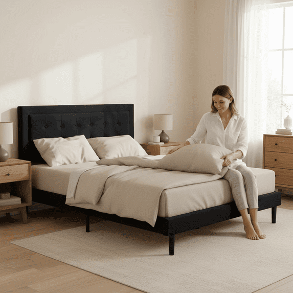 AENKYO Modern Platform Bed Frame with Upholstered Headboard, Full Size,Black