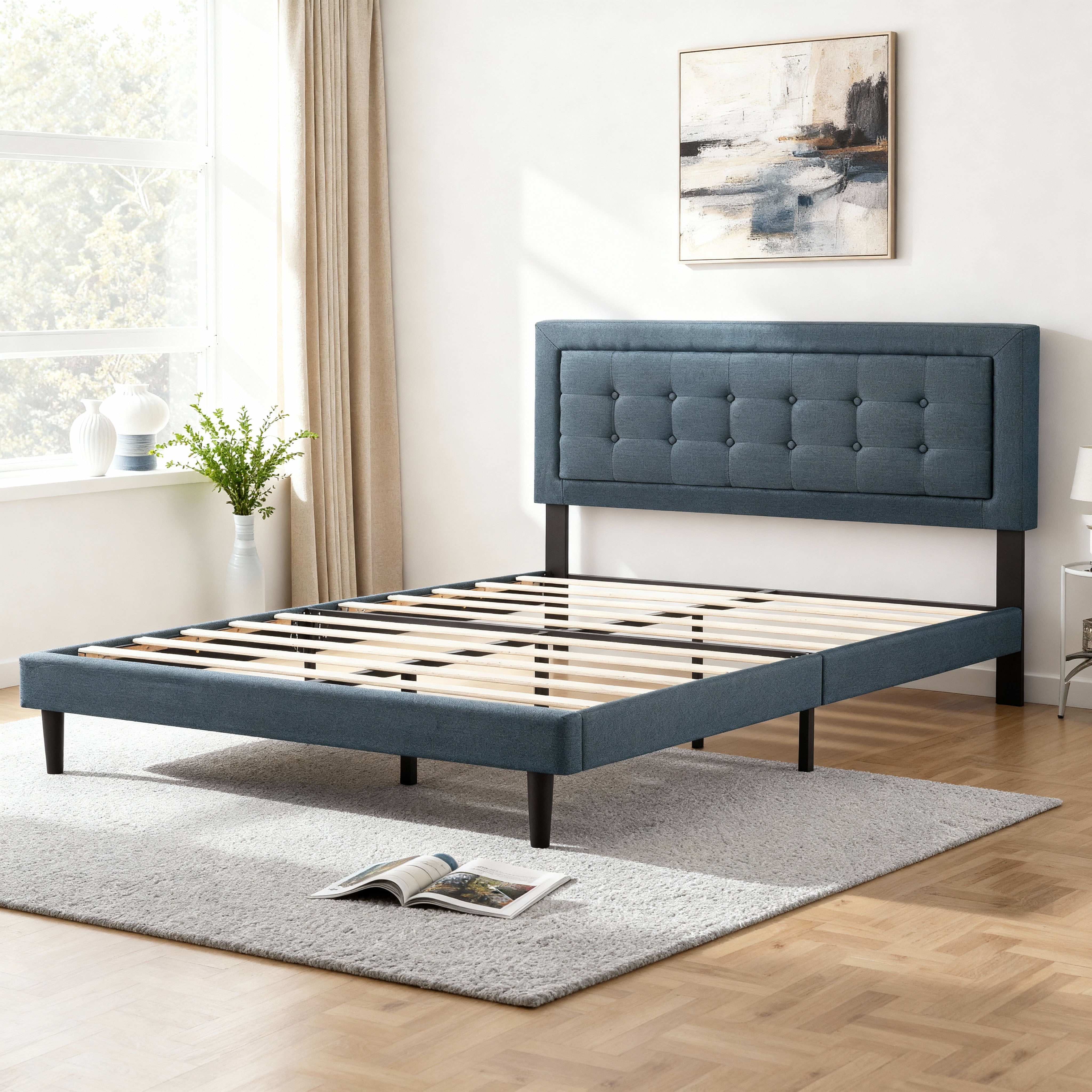 AENKYO Modern Platform Bed Frame with Upholstered Headboard, Full Size,Dark Gray