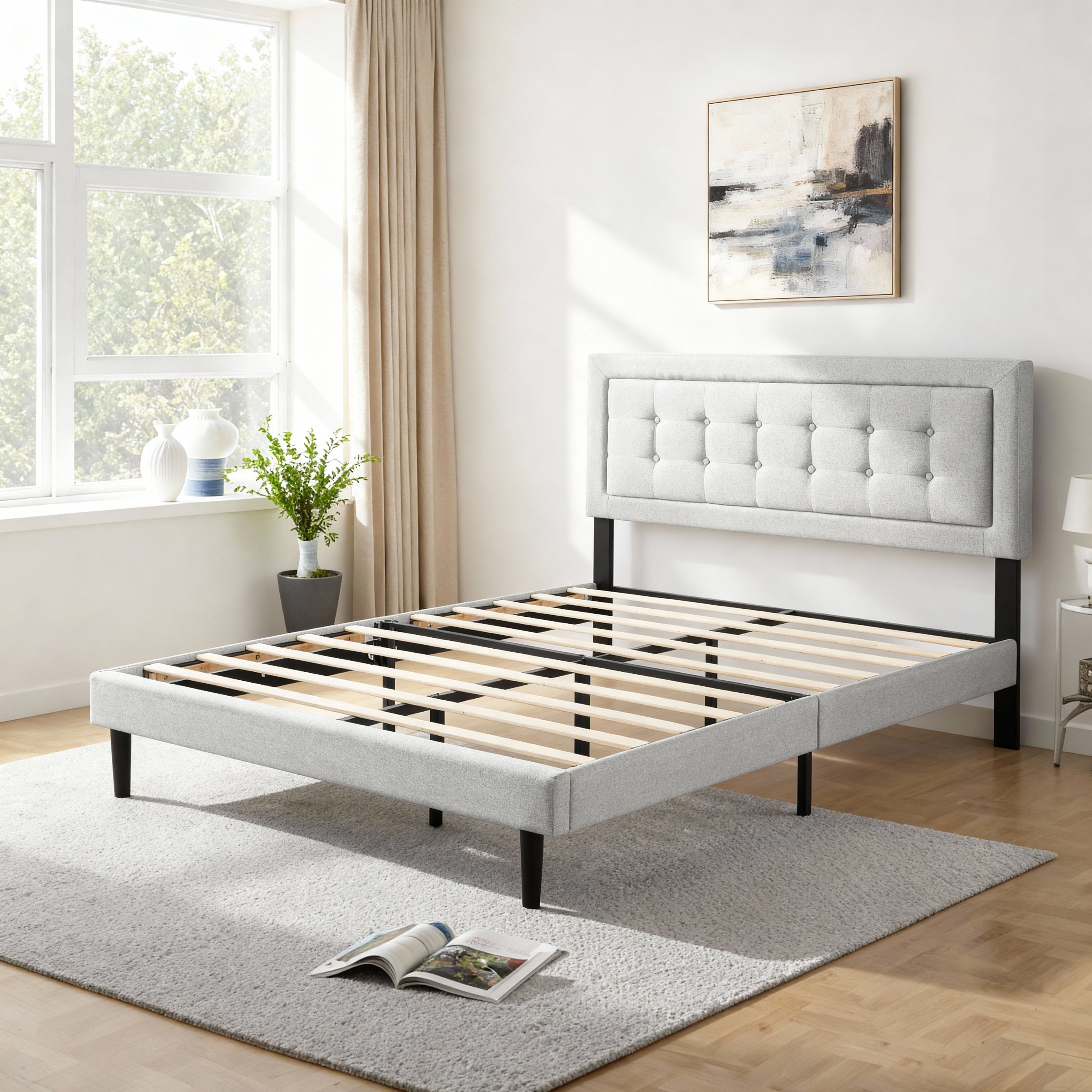 AENKYO Modern Platform Bed Frame with Upholstered Headboard, Full Size,Light Gray
