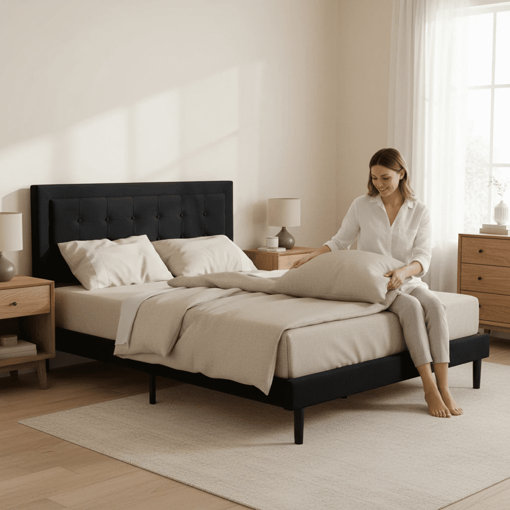 AENKYO Modern Platform Bed Frame with Upholstered Headboard, Queen Size,Black