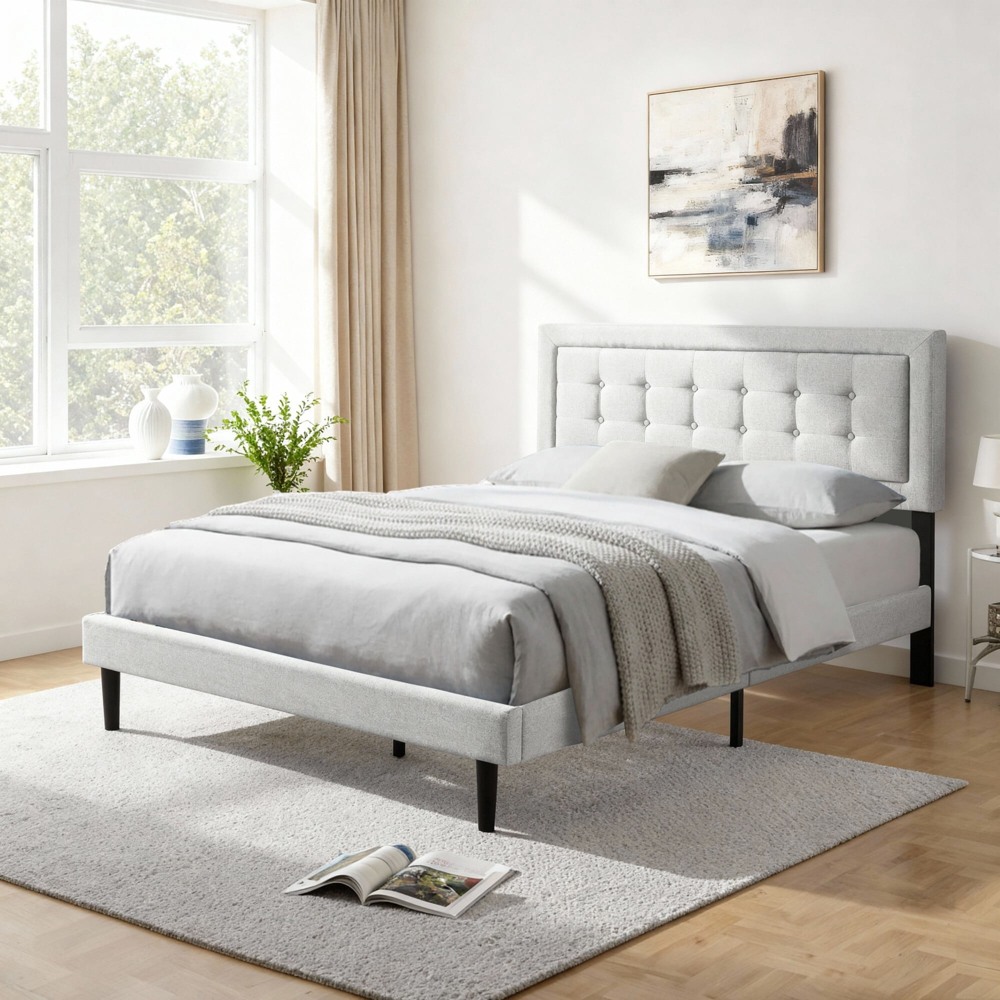 AENKYO Modern Queen Size Upholstered Platform Bed Frame with Linen Fabric Headboard, No Box Spring Needed, Light Gray