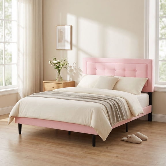 AENKYO Modern Queen Size Upholstered Platform Bed Frame with Velvet Fabric Headboard, No Box Spring Needed, Pink