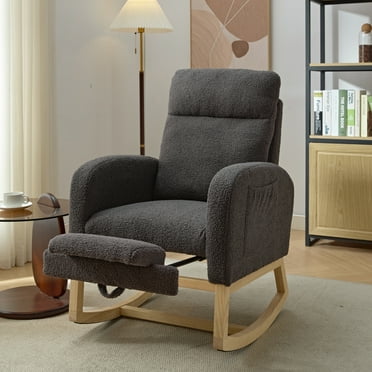 AENKYO Modern Teddy Rocking Chair with Solid Wood Legs, Upholstered Nursery Glider Rocker, Comfy Armchair with Side Pocket, Lounge Arm Chair with High Backrest for Living Room-Gray