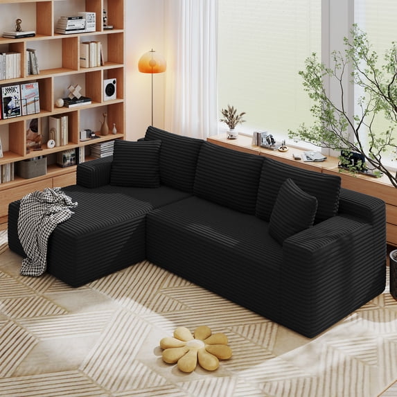 AENKYO 96” Cloud Modular Sectional Sofa with L-Shape Chaise, Deep Seat Corduroy Upholstered Couch, No Assembly Required, Black