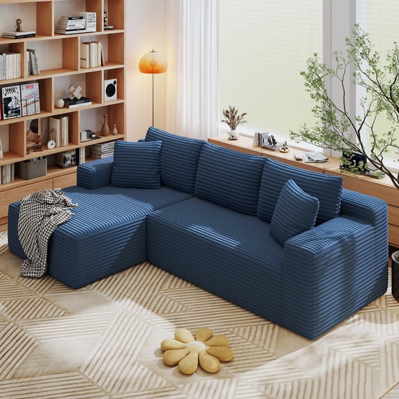 AENKYO 96” Cloud Modular Sectional Sofa with L-Shape Chaise, Deep Seat Corduroy Upholstered Couch, No Assembly Required, Blue