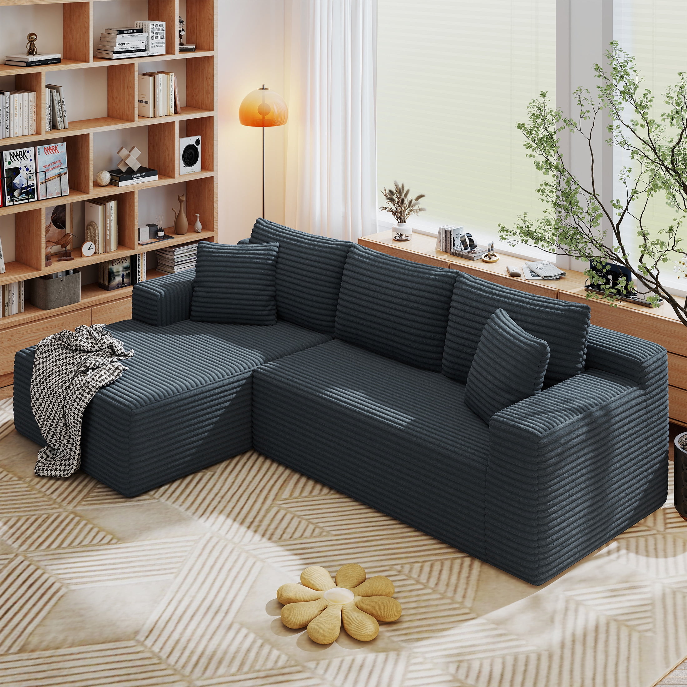 AENKYO 96" Cloud Modular Sectional Sofa with L-Shape Chaise, Deep Seat Corduroy Upholstered Couch, No Assembly Required, Dark Gray