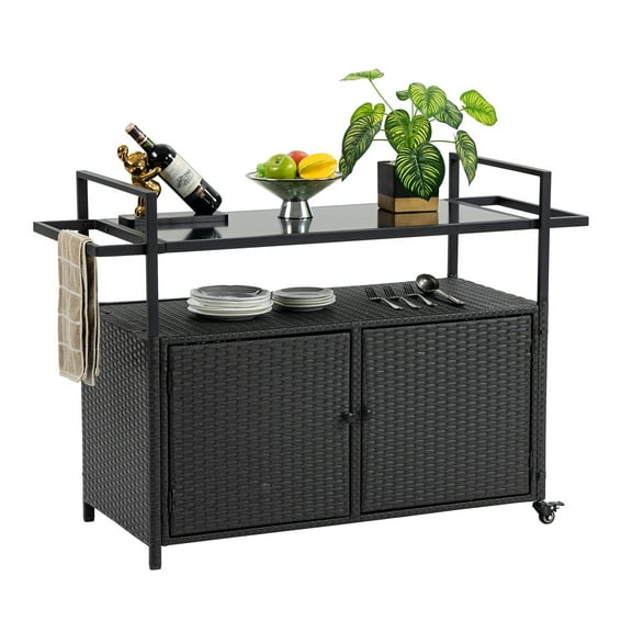 AENKYO Outdoor Bar Cart with Storage Cabinet, Glass Top, All-Weather Wicker Patio Serving Table with Wheels, Black