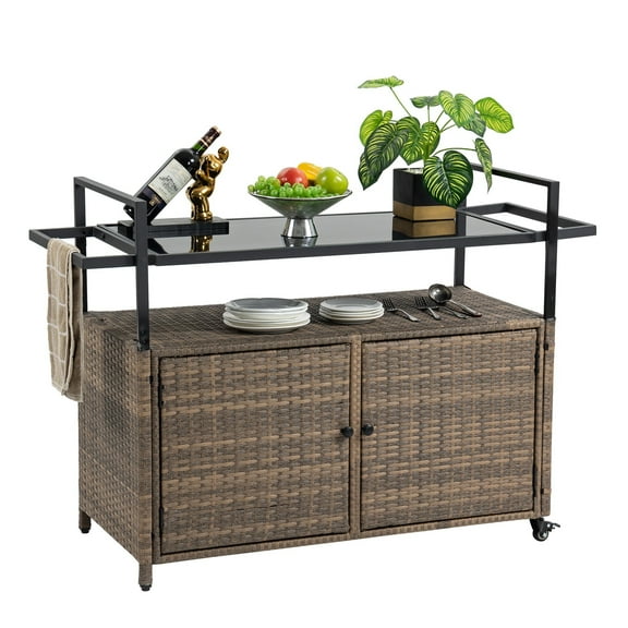 AENKYO Outdoor Bar Cart with Storage Cabinet, Glass Top, All-Weather Wicker Patio Serving Table with Wheels, Brown