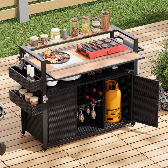 AENKYO Outdoor Grill Cart with Drop Leaf, Cabinets, Spice Racks, and Wheels, All-Weather Wicker BBQ Prep Table for Patio or Kitchen, Black