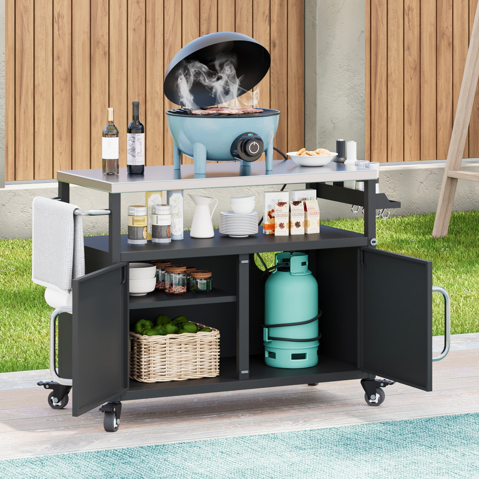 AENKYO Outdoor Metal Grill Cart Kitchen Island with Stainless Steel Tabletop, Storage and Wheels, Black