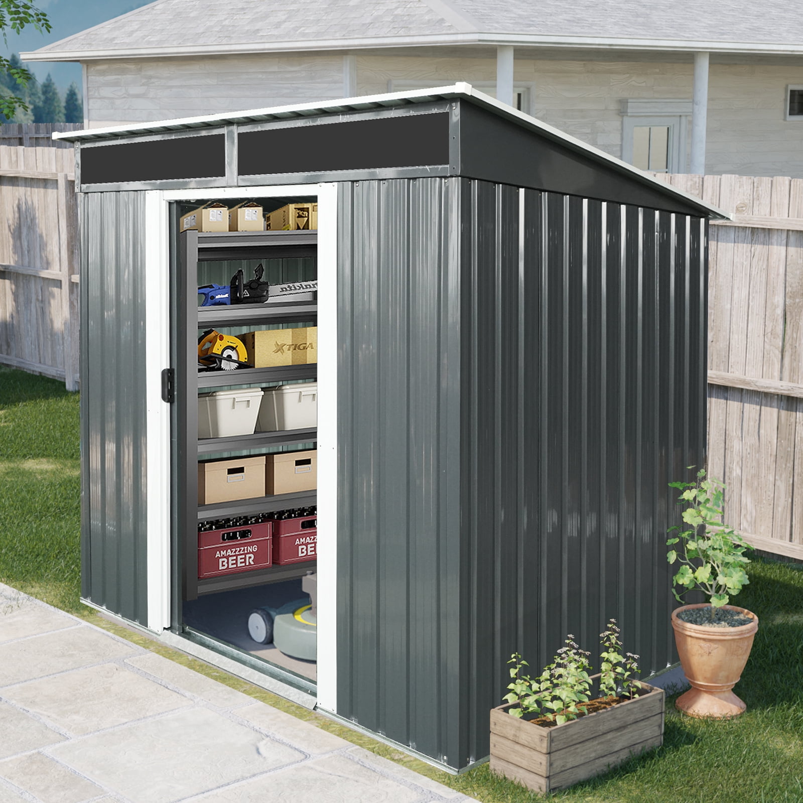 AENKYO Outdoor storage sheds 6FTx5FT Pent roof with Double Lockable Doors for Backyard Patio Lawn - Black
