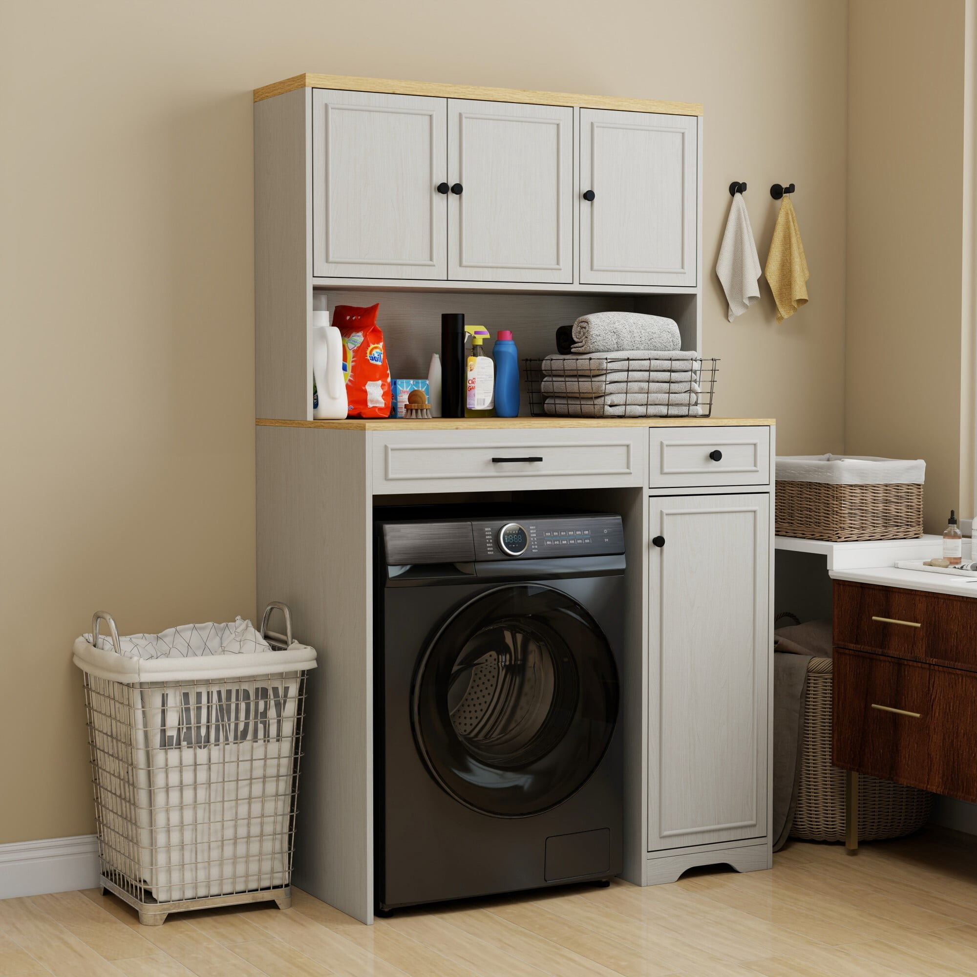 AENKYO Over-Washer Cabinet with Laundry Basket and Adjustable Shelves, Organizer for Compact Washer/Dryer, Antique White