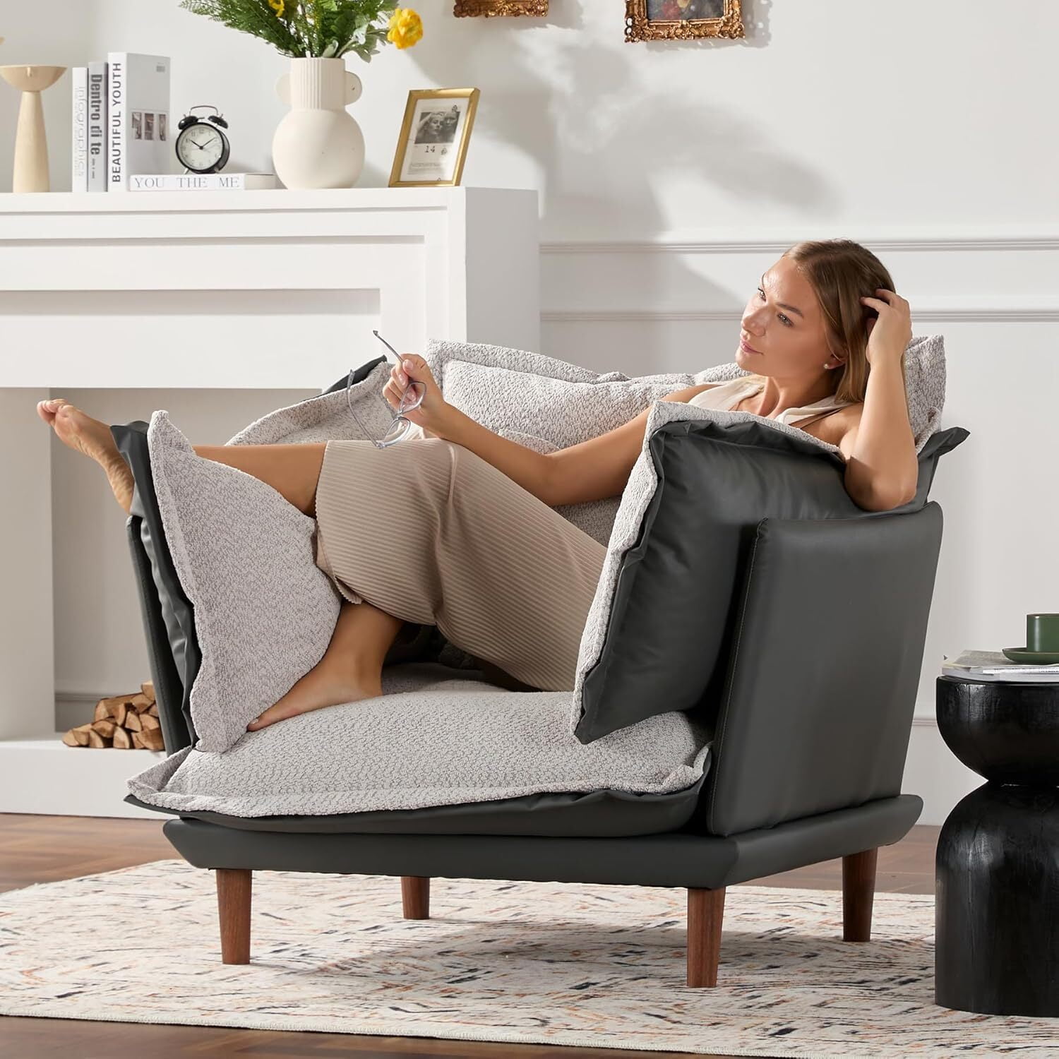 AENKYO Oversized Chenille Accent Chair, Modern Armchair, Soft Upholstered Sofa Chair for Living Room or Bedroom, Dark Gray