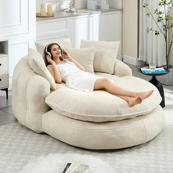 AENKYO Oversized Chenille Bean Bag Sofa with 5 Pillows, Oval Lazy Floor Sofa with Wraparound Backrest for Adults-Beige