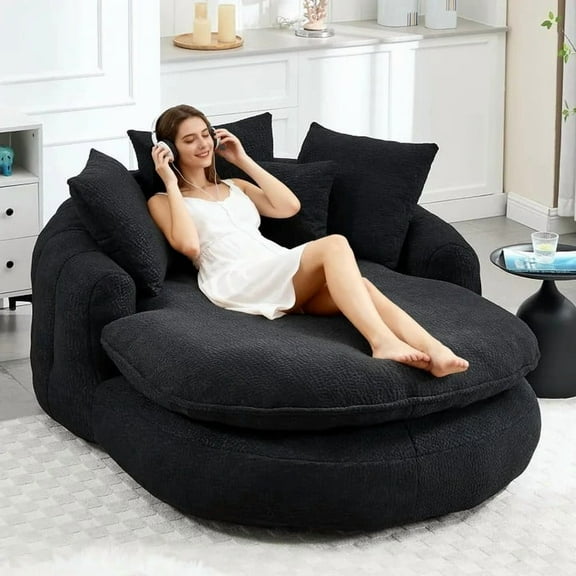 AENKYO Oversized Chenille Bean Bag Sofa with 5 Pillows, Oval Lazy Floor Sofa with Wraparound Backrest for Adults-Black
