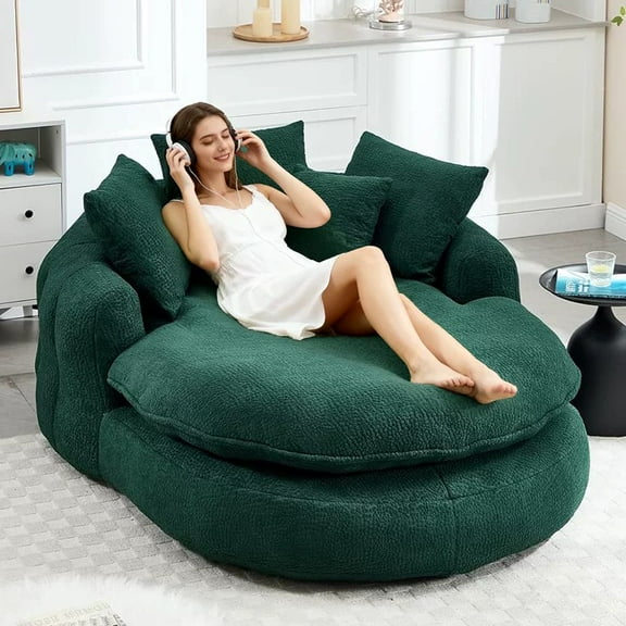 AENKYO Oversized Chenille Bean Bag Sofa with 5 Pillows, Oval Lazy Floor Sofa with Wraparound Backrest for Adults-Green
