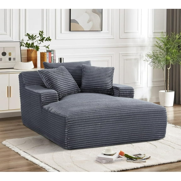 AENKYO Oversized Corduroy Chaise Lounge Chair – Extra Wide Cloud Couch Daybed with 3 Pillows, No Assembly, Deep Seat Sleeper Sofa for Living Room & Bedroom, Gray