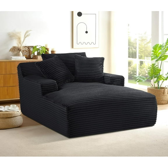 AENKYO Oversized Corduroy Chaise Lounge Chair – Extra Wide Cloud Couch Daybed with 3 Pillows, No Assembly, Deep Seat Sleeper Sofa for Living Room & Bedroom, Black