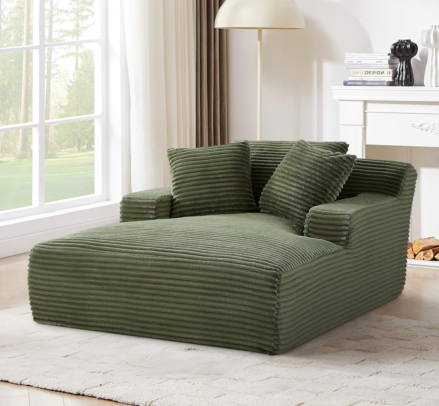 AENKYO Oversized Corduroy Chaise Lounge Chair – Extra Wide Cloud Couch Daybed with 3 Pillows, No Assembly, Deep Seat Sleeper Sofa for Living Room & Bedroom, Green