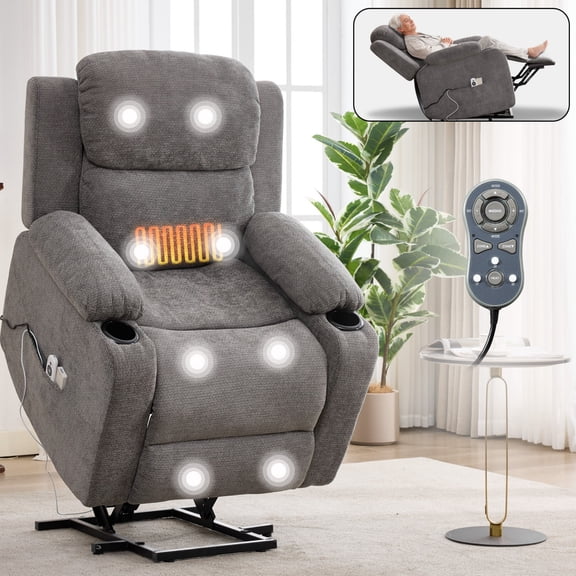 AENKYO Power Lift Recliner Chair with Massage & Heat, Adjustable Backrest & Footrest, Side Pockets & Cup Holders, Gray
