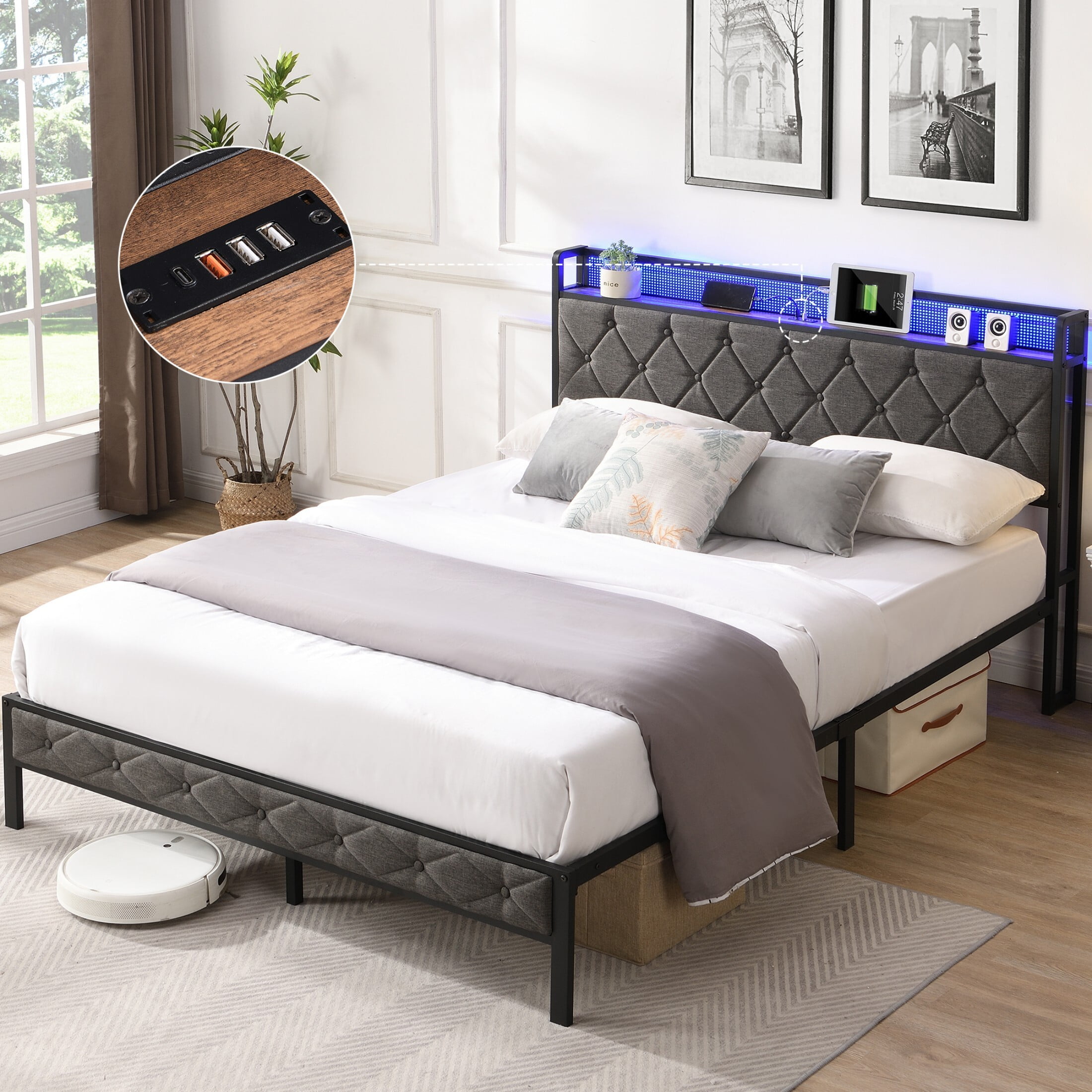 AENKYO Queen Size Bed Frame Upholstered Backrest Bed with LED Lights, Platform Bed Frame with Charging Station, Dark Gray
