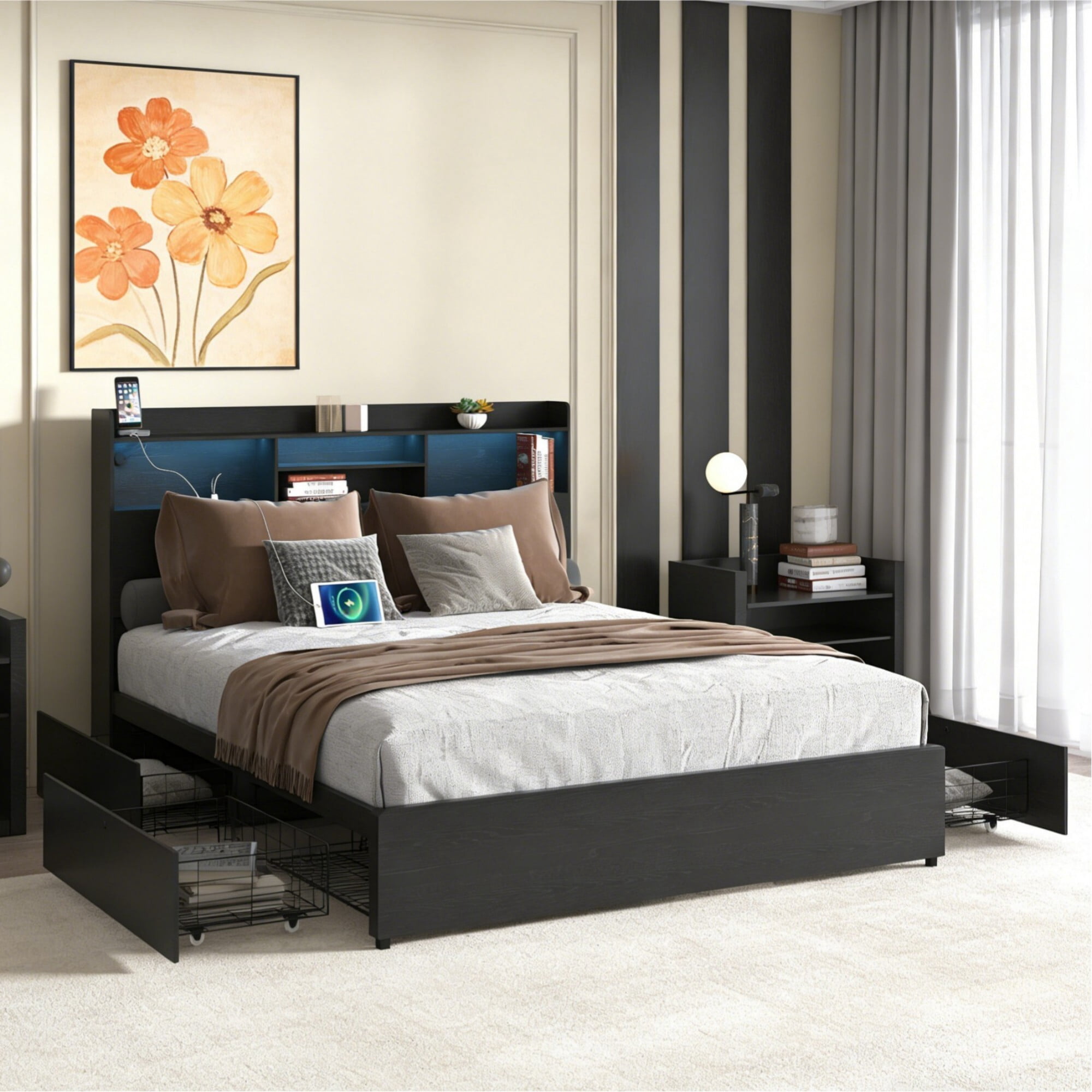 AENKYO Queen Size Bed Frame with 4 Storage Drawers & LED Lights - Storage Headboard with Charging, Noise-Free, Black