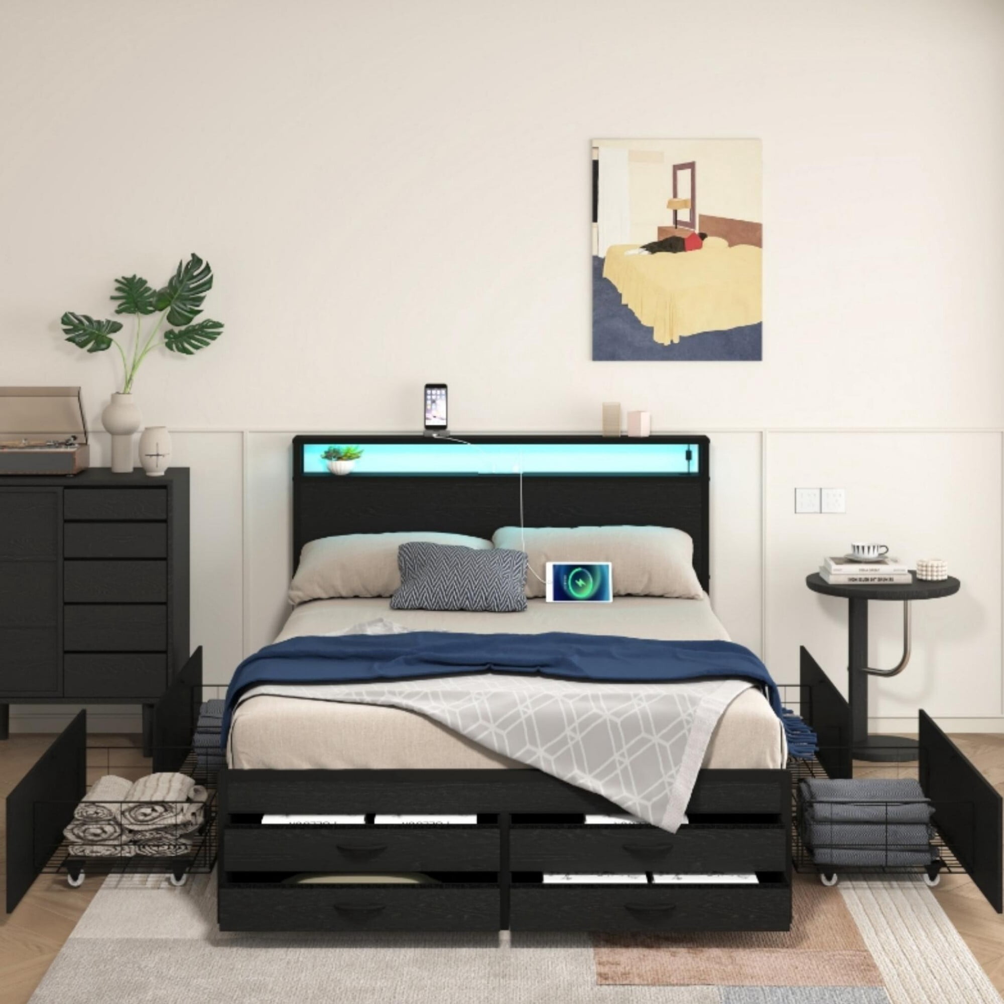 AENKYO Queen Size Bed Frame with 8 Storage Drawers, Headboard with Charging Station and LED Lights, Black